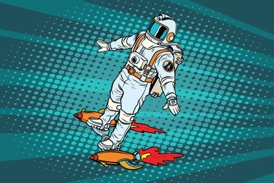 the astronaut is flying on a space rocket skateboard. pop art retro  illustration