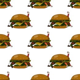 seamless  pattern with unhealthy food burger on a white background. bad burger eating people. flat design  illustration