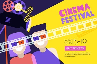 movie time, date at the cinema concept. vector cinema festival poster, flyer background. abstract sale tickets banner background. happy couple in 3d glasses, trendy flat illustration.