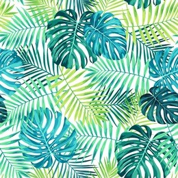 tropical leaf design featuring green/blue palm and monstera plant leaves on a white background. seamless vector repeating pattern.