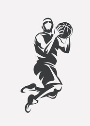 basketball player jumping stylized vector silhouette, logo template in outlined sketch style