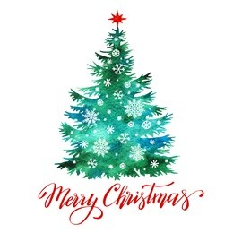 christmas tree watercolor texture silhouette with snowflakes, vector illustration, template for design, greeting card, invitation.