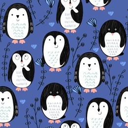 vector seamless pattern with cute cartoon penguins
