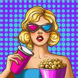 vector illustration of beautiful blonde girl in 3d glasses with popcorn and soda or cola. movie theater or cinema poster in retro pop art comic style.