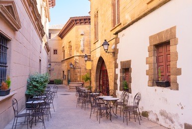 poble espanyol street, traditional architecture site in barcelona, catalonia spain