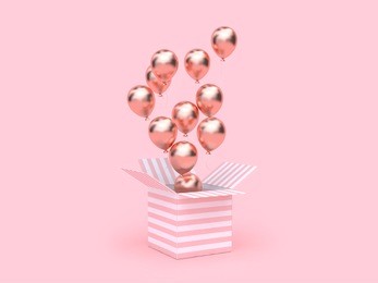 pink white box open rose gold metallic balloon floating minimal pink background