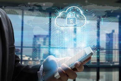 businessman use smartphone with padlock and cloud technology background, cyber security data protection business technology privacy concept, internet concept of global business.