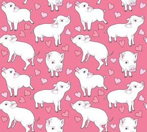 seamless pattern with image of a mini pigs and a hearts on a pink background. vector illustration.