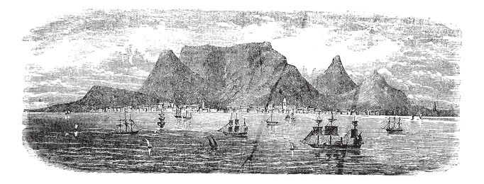 scenic view from table bay vintage, cape town, south africa vintage engraving. old engraved illustration view of table mountains near cape town with ships, 1890s. trousset encyclopedia