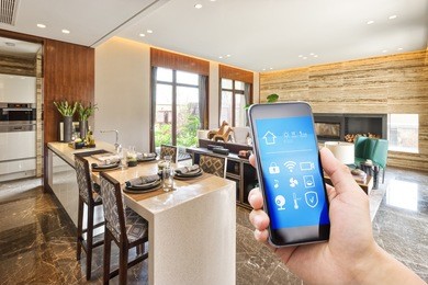 smart phone with smart home and modern dining room