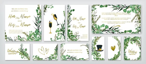 wedding invitation frame set; flowers, leaves, watercolor, isolated on white. sketched wreath, floral and herbs garland with green, greenery color. handdrawn vector watercolour style, nature art.