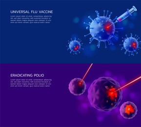 a set of semi-realistic illustration banner concepts for the universal flu vaccine, haemophilus influenza virus, vaccination and eradicating polio, poliomyelitis, opv(oral polio vaccine).