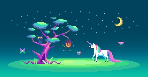 the story about one cute unicron and magic tree. pixel art vector illustration.