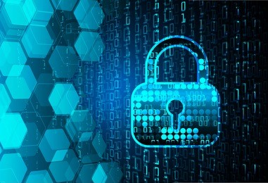 safety concept, closed padlock on digital background, cyber security, blue abstract hi speed internet technology background illustration. key vector
