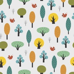 scandinavian style trees with baby squirrel seamless pattern. cute forest vector illustration. design for textile, wallpaper, fabric.