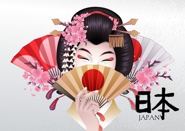 cute asian girl hiding her face under the golden fan. vector portrait of young woman with traditional japanese hairstyle