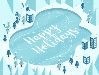 vector illustration in cartoon style vertical snowy mountains landscape with frozen lake, house, road, pines, hills, snow and hand lettering of happy holidays.