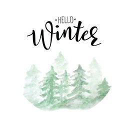 'hello winter' vector poster template. hand written lettering, sparkling typography. winter forest.