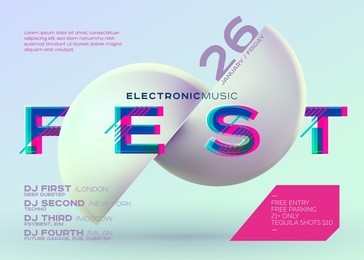 vector minimal dj poster. electronic music cover for music fest or club party flyer. vibrant background with futuristic 3d shape. creative minimalist template. horizontal orientation. neon colors.