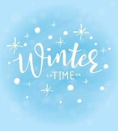 'hello winter' vector poster template. hand written lettering, sparkling typography. blue christmas sky.