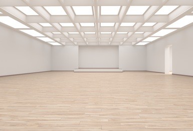 3d rendering light empty exhibition hall. empty room for performances.