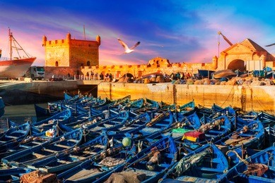 fishing port of essaouira at the sunset time, morocco