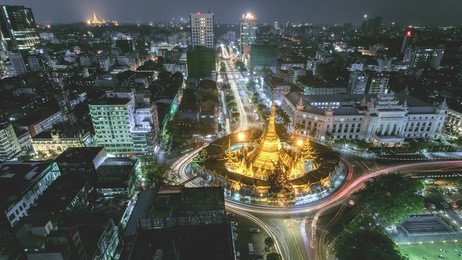 night scape sule pagoda centre of city in yangon, myanmar