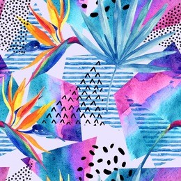 watercolor tropical flowers on geometric background with doodles, lines, geometrical shapes. hand drawn bird-of-paradise flower with leaves with elements in minimal style. watercolour art illustration