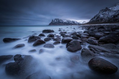 evening at uttakliev beach, lofoten islands, norway.the technique used - long exposure.