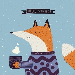 christmas cartoon new year characters. fox in winter clothes. greeting card design in blue and violet colors. forest animals, winter holiday. vector illustration