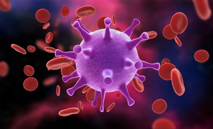 3d rendered hiv virus in blood stream in color background