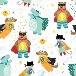cute hand drawn kids superhero seamless pattern with dog, cat, bear and hippo 