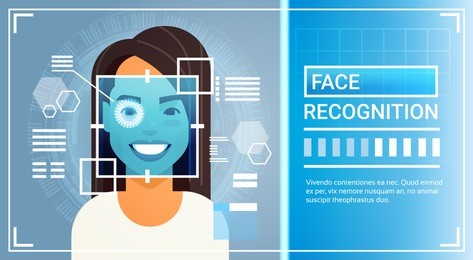 face recognition system eye retina scanning of woman, biometric identification technology access control concept vector illustration