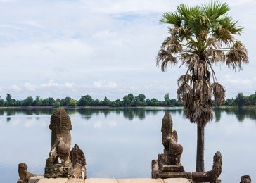 a view overlooking srah srang, one of the temples in the angkor wat complex outside of siem reap, cambodia.