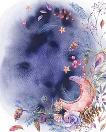 watercolor vintage greeting card with moon, roses, cones, spruce branches, wildflowers and  berries on white background, winter christmas template, holiday illustration.