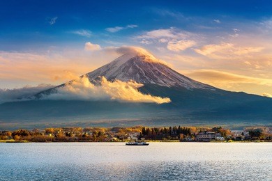 fuji mountain and kawaguchiko lake at sunset, autumn seasons fuji mountain at yamanachi in japan.