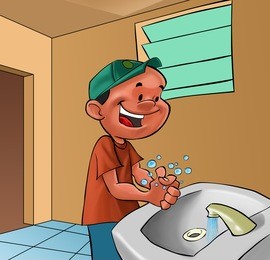 smiling boy washing his hands in a bath room
