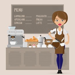 caucasian friendly barista sanding in front of coffee machine. barista at coffee shop. barista making a cup of coffee. vector flat design illustration. square layout.