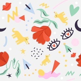 fun seamless christmas theme pattern with flowers, dogs, trees, stars and geometric objects.