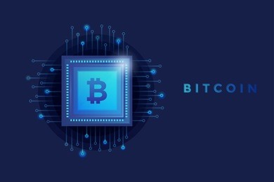 technology bitcoin. digital money crypto currency on chipset background. vector illustration.