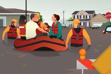 a vector illustration of rescue team helping people by pushing a boat through a flooded road
