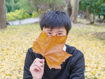portrait of handsome autumn chinese man with autumn leaves on fall nature background.