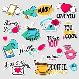 collection of flat design social network stickers. set of stickers, pins, patches and badges vector illustration. stickers for mobile messages, chat, social media, online communication, networking