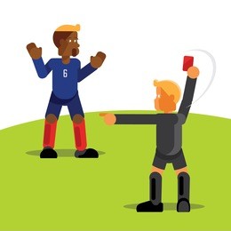 referee in black suit give red card for blue team soccer player out of match play
