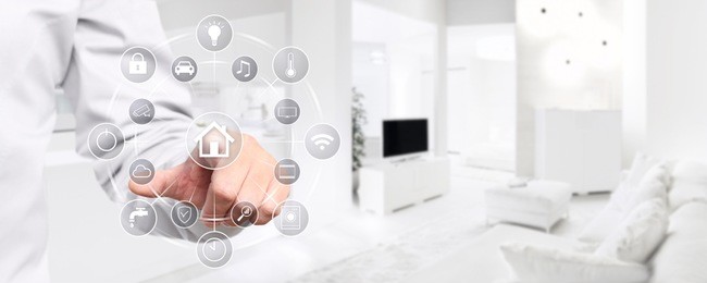 smart home automation hand touch screen with symbols on interior room background web banner and copy space template