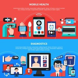 mobile wearable digital healthcare gadgets for body  functions measurements diagnostics 2 flat horizontal banners isolated vector illustration 