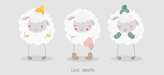 funny cute white sheep wearing knitted cap and cozy mittens. children vector illustration. set of graphic elements for kids. cartoon hand drawn style. wrapping, package, textile design.
