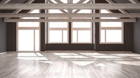 empty room in luxury eco house, parquet floor and wooden roof trusses, panoramic big windows, modern white and gray architecture interior design, 3d illustration