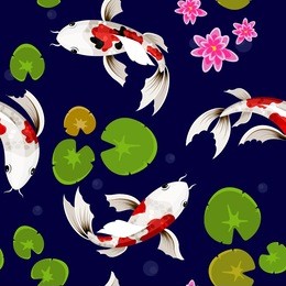 beautiful seamless vector pattern with koi fishes and water lilies 