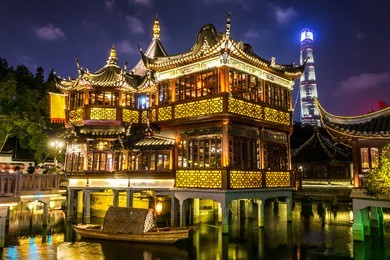 xu xing ting teahouse pavillion at night in shanghai, china